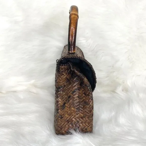 Asiaphile Los Angeles Brown Wicker Bag Bamboo Handle - Picture 9 of 11